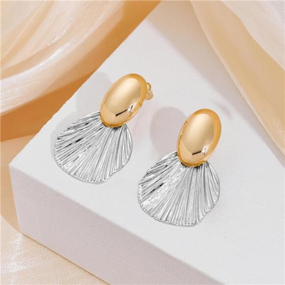 Two-Tone Chunky Earrings | Gold Oval & Silver Fan Shell Dangles - Picture 3 of 6